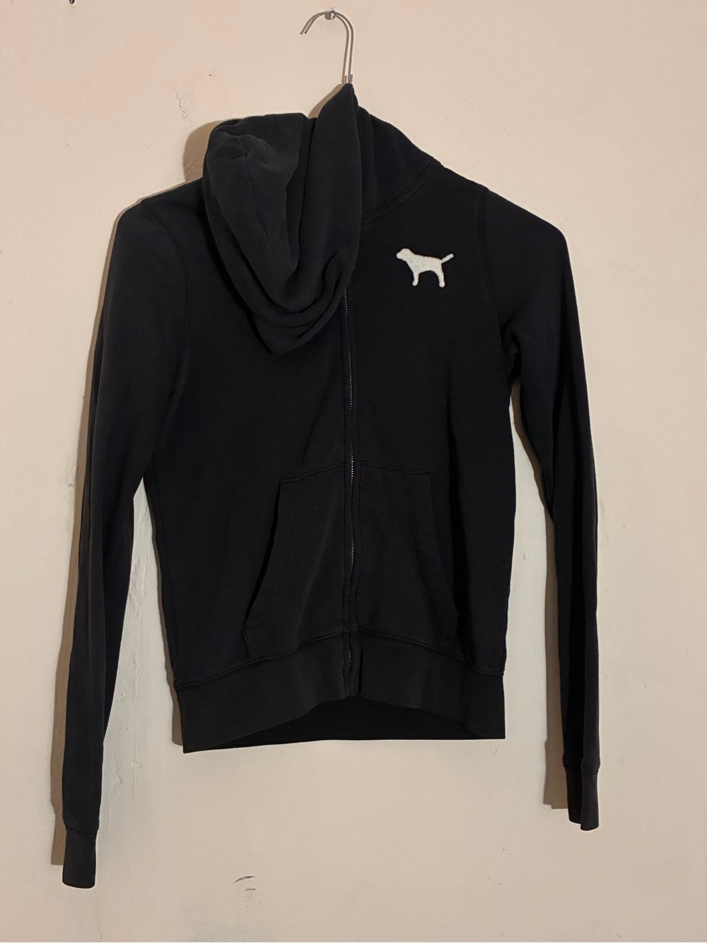 PINK Victoria's Secret Black Zip Hoodie with White Dog Logo